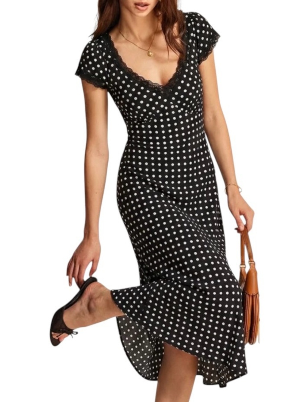 Commense Black White Polka Dot Lace V Neck Maxi Midi Dress Small NWT Tie Back
